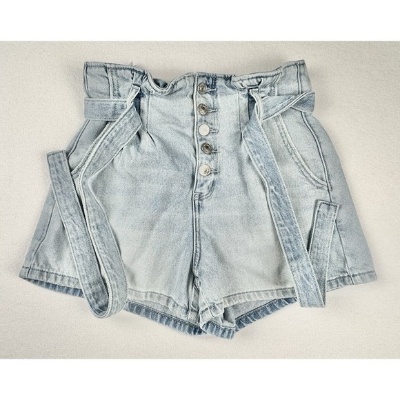 American Eagle Women's Paperbag Denim Shorts Light Wash Size 2 Belted High Rise - Picture 2 of 5
